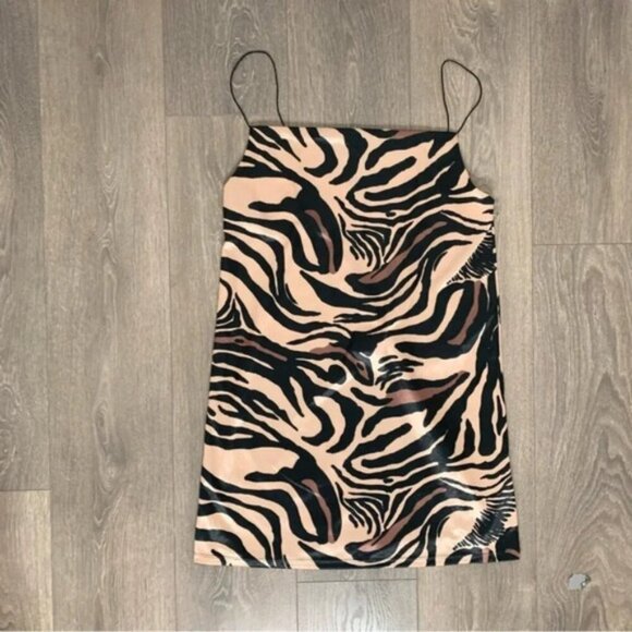Zara Tiger Animal Print Cowl Neck Satin Slip Mini Dress Size Medium Brown Tan - Picture 7 of 16